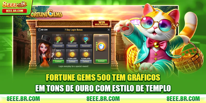 Fortune Gems 500 tem gráficos em tons de ouro com estilo de templo